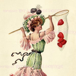 Reizende romantische viktorianische Illustration einer Frau, die Herzen in einem Handnetz-Valentinstag 5x7 Gruß-Karte fängt