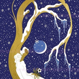 Carte de voeux antique Art déco des années 1920, scène d'hiver d'une femme allongée sous le ciel au clair de lune, solstice d'hiver, vacances 5 x 7