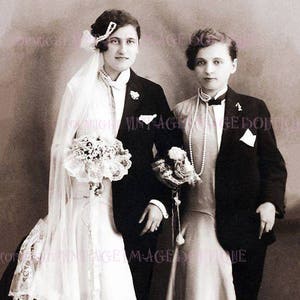 Lindo cartão comemorativo antigo de casamento de casal lésbico do início do século XX, união civil, 5x7