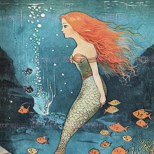 Magnifique illustration couleur des années 30 d'une sirène aux cheveux auburn parmi un banc de poissons-anges 5 x 7 Carte de vœux