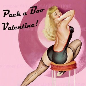 Modello pin-up biondo con gambe lunghe e sexy degli anni '40 con cheesecake, biglietto d'auguri romantico per San Valentino, 5x7