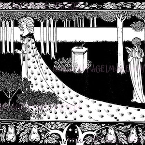 Ilustración victoriana tardía de pluma y tinta de Aubrey Beardsley de la dama Isolda de Le Morte d'Arthur 5x7 Tarjeta de felicitación