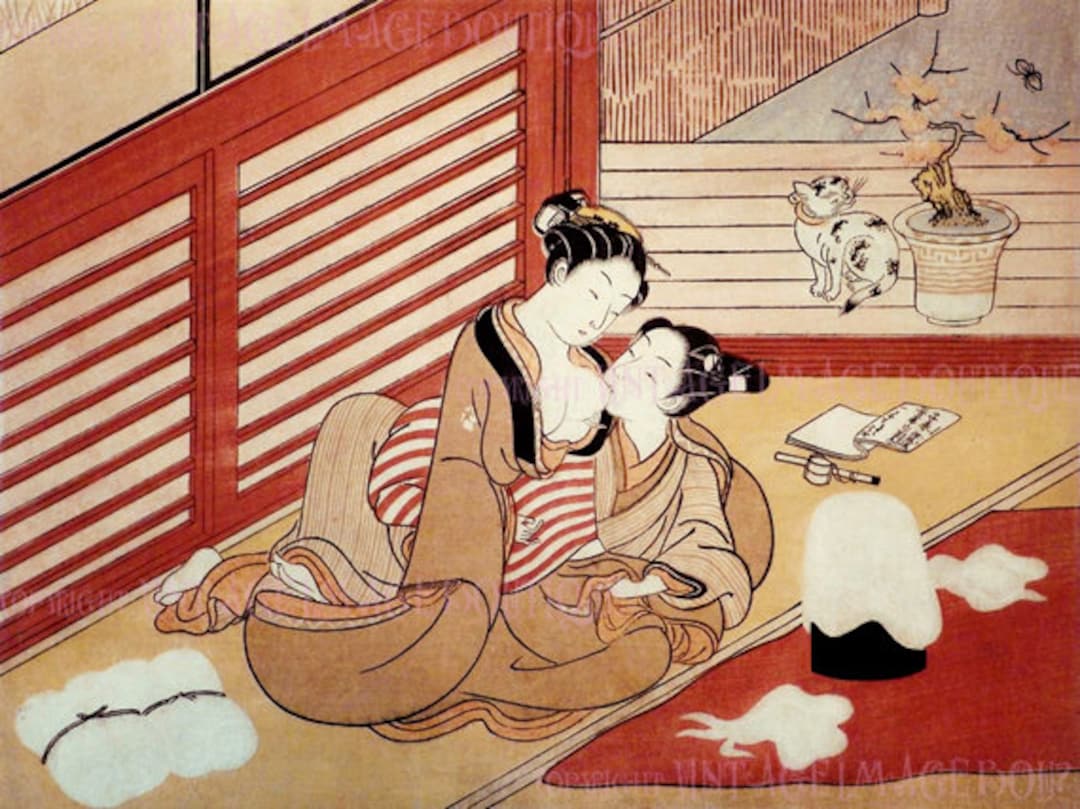 Antique 18th Century Japanese Shunga Erotic Lesbian Woodblock