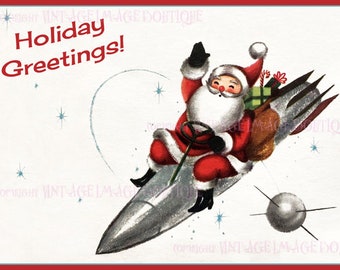 Fabulous 1950's Kitschy Illustration Of Santa Claus Father Christmas Riding A Rocket Ship Seasonal Winter Solstice Holiday 5x7 Greeting Card