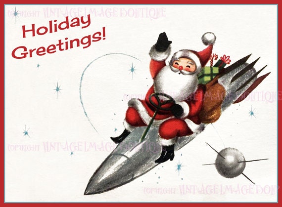 Fabulosa ilustracion kitsch de los anos 50 de Papa Noel Papa Noel montando un cohete vacaciones de solsticio de invierno estacional tarjeta de