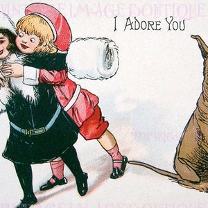 Ilustración eduardiana antigua de Buster Brown, Mary Jane y Tige Temporada navideña Solsticio de invierno Vacaciones 5x7 Tarjeta de felicitación