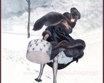 アンティーク 1920 年代 アールデコ 冬景色 帽子箱を持った女性が雪の中を歩く クリスマス シーズン 冬至 ホリデー 5x7 グリーティング カード