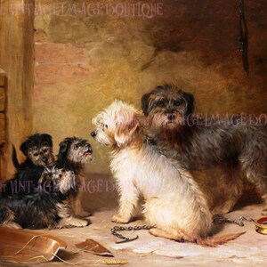 Cartão comemorativo com retrato vitoriano antigo de uma bela família de cães Dandy Dinmont Terrier, 5x7