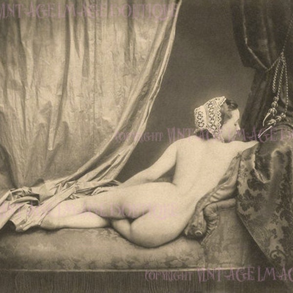 Antique Early Victorian Sepia Photo Woman In A Classical Pose Upon A Divan Couch 5x7 Greeting Card