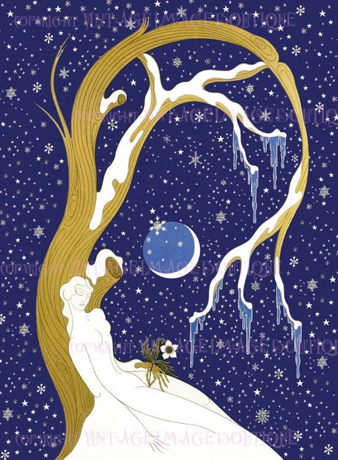 Antique 1920's Art Deco Winter Scene of A Woman Reclining Under the Antique 1920's Art Deco Winter Scene of A Woman Reclining Under the
