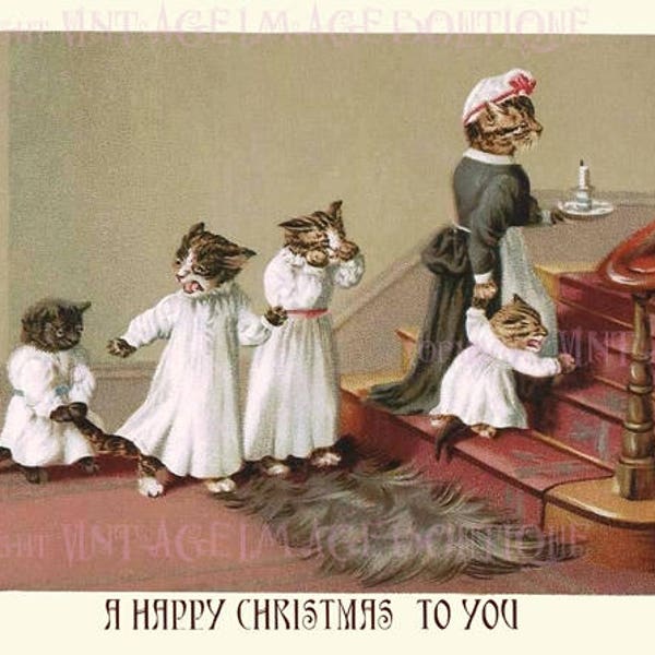 Antique Victorian Illustration A Mother Cat & Her Kittens Christmas Season Winter Solstice Holiday 5x7 Greeting Card