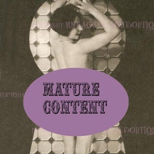 May include: A black and white vintage photograph of a woman standing in a tiled bathroom. The image is obscured by a purple oval with the text "MATURE CONTENT" in a decorative font.