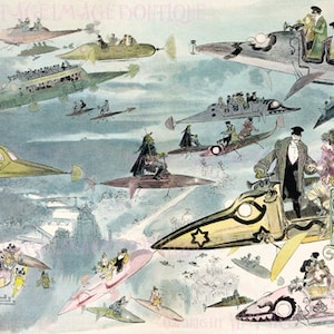 Carte de voeux fantasmagorique 5 x 7 France 19ème siècle représentant un voyage en dirigeable à Paris