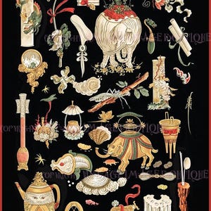 Mooie antieke Franse kleurencatalogusillustratie van decoratieve chinoiserie Chinese ornamenten 5 x 7 wenskaart