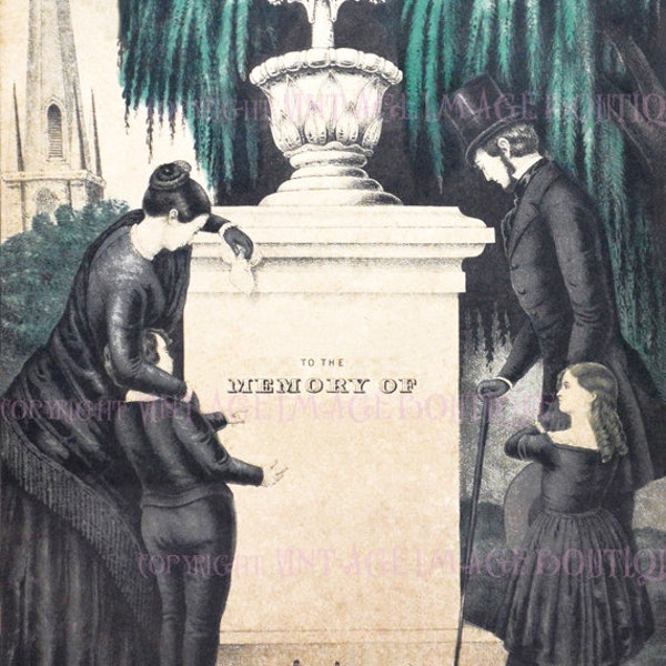 Lovely Antique Early Victorian Funerary Engraving Of A Family In Mourning Attire Beside A Grave 5x7 Greeting Card