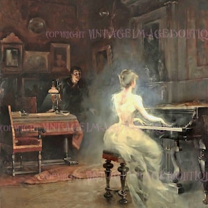 Carte de voeux envoûtante peinture victorienne antique d'un homme hypnotisé par un esprit féminin fantomatique jouant du piano fantasmagorique 5 x 7
