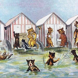 Adorable ilustración antigua de un grupo de gatos y gatitos esperando junto a las máquinas de baño y nadando en el mar. Tarjeta de felicitación de 5x7.