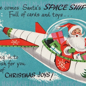 Fabulosa ilustração kitsch dos anos 1950 do Papai Noel em um foguete, cartão comemorativo sazonal de solstício de inverno, 5x7
