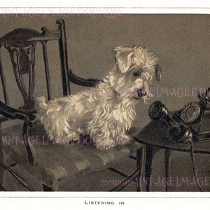 Vintage jaren 1920 illustratie van een schattige smerige terriër die meeluistert op een telefoongesprek 5 x 7 wenskaart
