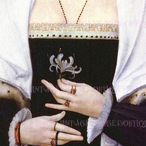 Elizabethan Era Malerei Detail einer Frau umklammert einen Zweig Geißblatt in einem düsteren schwarzen Samt Kleid mit Spitze Manschetten 5x7 Grußkarte