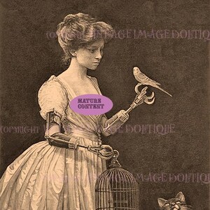Ritratto fotografico surreale in stile antico in seppia di una donna e del suo gatto che ammirano un parrocchetto senza gabbia - Biglietto d'auguri fantasmagorico 5x7 con parakeet