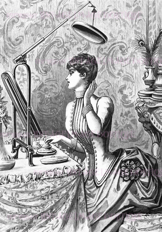 Antique Black & White Illustration Of A Lady At Her Dressing Table In A  Victorian Corset And Frock Coquette 5x7 Greeting Card