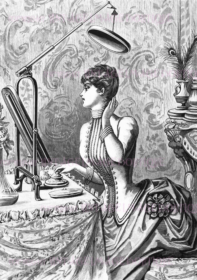 Antique Black /& White Illustration Of A Lady At Her Dressing Table In A Victorian Corset And Frock Coquette 5x7 Greeting Card