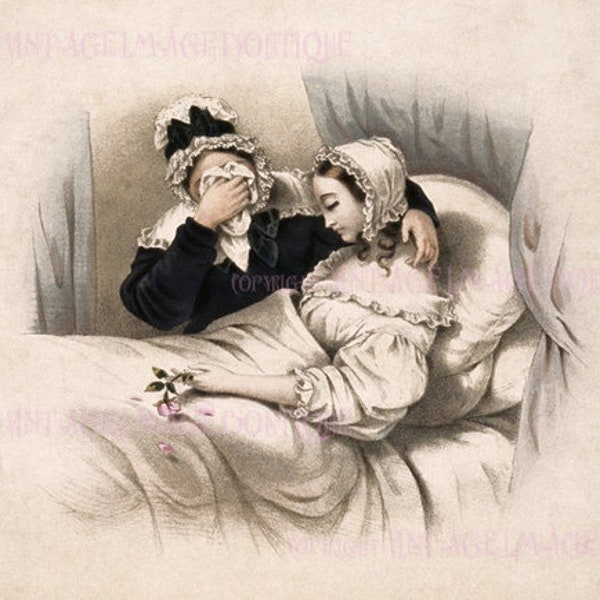 Lovely Antique Early Victorian Engraving Of A Woman Who Sits Beside Her Ailing Daughter 5x7 Greeting Card