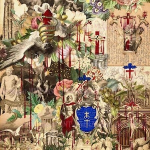 Antieke Victoriaanse surrealistische mixed media-collage van verschillende objecten en karmozijnrode bloeddruppels V.5 5 x 7 wenskaart