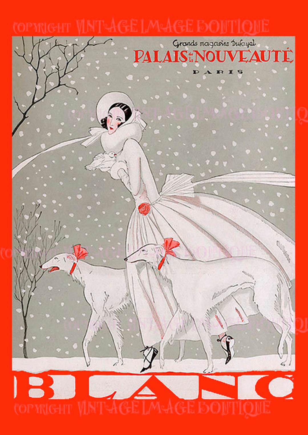 Antique 1920's Art Deco Winter Fashion Scene of A Woman With Borzoi Antique 1920's Art Deco Winter Fashion Scene of A Woman With Borzoi