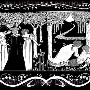 Ilustración victoriana tardía de pluma y tinta de Aubrey Beardsley Sir Launcelot & Dame Elaine de Le Morte d'Arthur 5x7 Tarjeta de felicitación