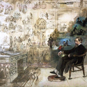 Aquarelle victorienne antique obsédante représentant Charles Dickens rêvant des personnages de ses histoires et de ses romans Carte de voeux 5 x 7