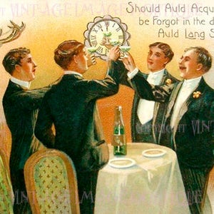Carte antique du Nouvel An édouardien Auld Lang Syne Saison de Noël Vacances du solstice d’hiver Carte de vœux 5x7