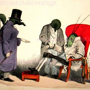 Antyczna wiktoriańska alegoryczna ilustracja przedstawiająca pijawkowych lekarzy opiekujących się chorym konikiem polnym. Wracaj do zdrowia. Medyczna naukowa karta okolicznościowa 5x7