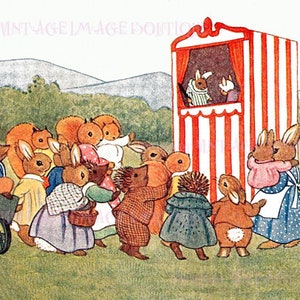 Adorabile illustrazione degli anni '30 di giovani scoiattoli rossi, coniglietti e ricci che si divertono a uno spettacolo di burattini Punch e Judy, biglietto d'auguri 5 x 7