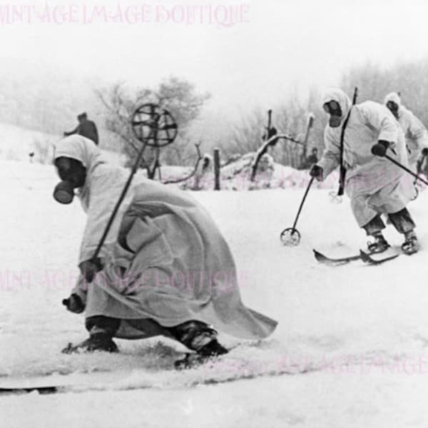 An Unusual 1940's Winter Scene Of A Battalion Of Military Skiers In Gas Masks Christmas Season Solstice Holiday 5x7 Greeting Card