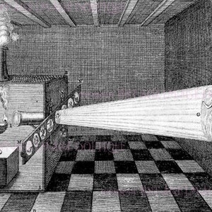 May include: A black and white illustration of a projector, showing how a light source is used to project an image onto a screen. The projector is made up of a lamp, a lens, and a mirror. The light from the lamp is reflected by the mirror and then focused by the lens onto the screen. The image on the screen is a silhouette of a person.