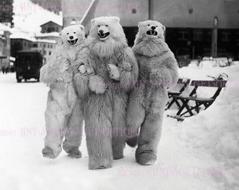 Humorous 1920's Photo Of Three People Dressed As Polar Bears In A Snowy Village Christmas Season Winter Solstice Holiday 5x7 Greeting Card