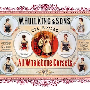Viktorianische Farbe Werbung für W. Hull-King & Sons Of London All Whalebone Korsetts Coquette 5 x 7 Grußkarte