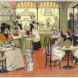 Belle illustration victorienne antique de personnes appréciant le thé et les gâteaux dans un salon de thé anglais/invitation à une fête de thé 5 x 7 Carte de voeux