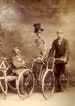 Antique Victorian Sepia Photo Of Two Men And A Skeleton On Bicycles Phantasmagorical  5x7 Greeting Card 