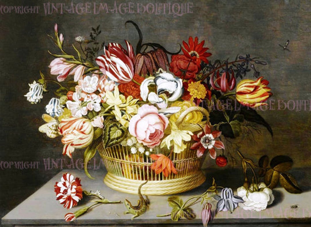 Antique 17th Century Botanical Still Life Painting of A Basket of