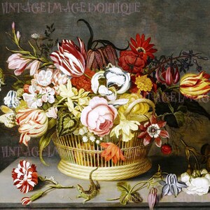 Antique 17th Century Botanical Still Life Painting Of A Basket Of Tulips & Other Flowers  5x7 Greeting Card