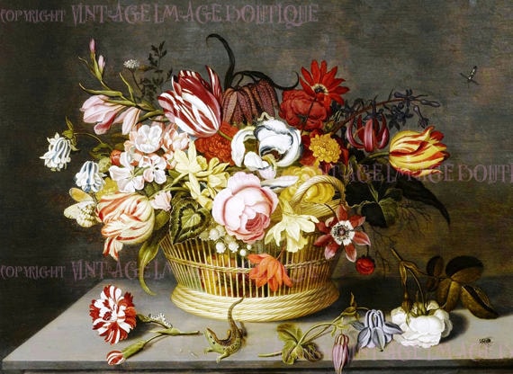 Antique 17th Century Botanical Still Life Painting of A Basket of