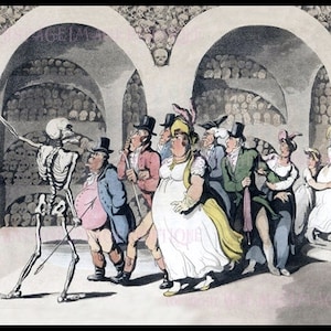 Illustrazione del periodo Regency dei primi anni del XIX secolo, raffigurante la Morte che offre ai visitatori un tour delle catacombe di Parigi. Biglietto d'auguri fantasmagorico 5x7.