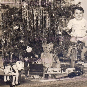 Adorable 1930's Photo Of A Little Boy Beside A Christmas Tree Surrounded By Presents Season Winter Solstice Holiday 5x7 Greeting Card