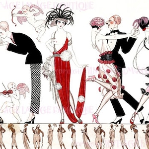Merveilleuse illustration couleur des années 1920 de femmes et d’hommes à clapet dansant le tango 5x7 Carte de vœux