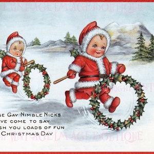 Frühes 20. Jahrhundert Illustration Von Adorable Nimble Nicks Gay Weihnachtssaison Wintersonnenwende Urlaub 12x7 Grußkarte