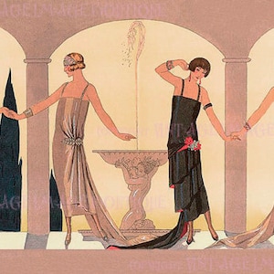 Maravillosa ilustración en color Art Déco de los años 20 de cuatro flappers de moda Tarjeta de felicitación 5x7