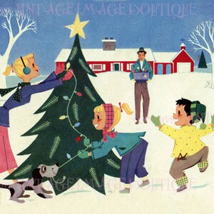 Fabulosa ilustración kitsch de los años 50 de una familia decorando su árbol al aire libre Temporada navideña Solsticio de invierno Vacaciones 5x7 Tarjeta de felicitación